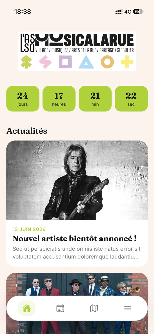 Page d'accueil de l'application festival